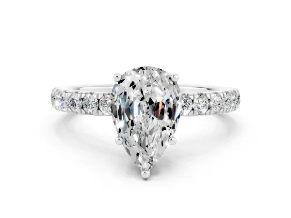 Pear Cut Moissanite Pave Band Solitaire Ring with Round and Prong Setting White gold