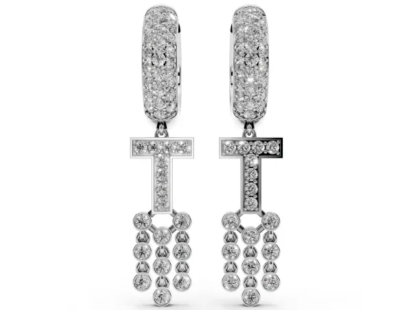 Round Diamond Initial T Huggie Hoop Earrings Platinum