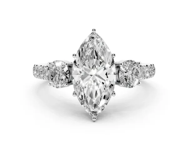 Marquise Cut Cut Diamond Three-Stone Ring with Round Side Stones and Pavé Band Platinum