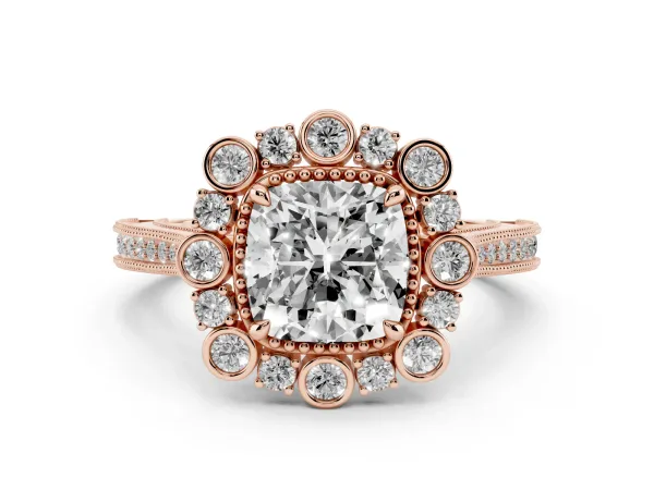 Cushion Cut Halo Milgrain Pave Diamond Ring with Four-Prong Setting Rose gold