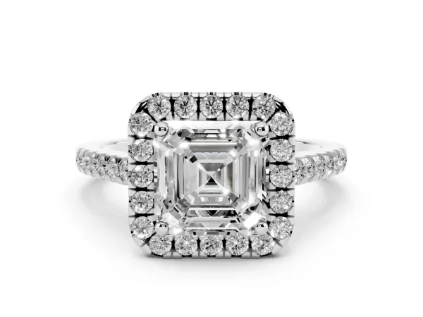 Asscher Cut Halo Pavé Diamond Engagement Ring with Four-Prong Setting Platinum
