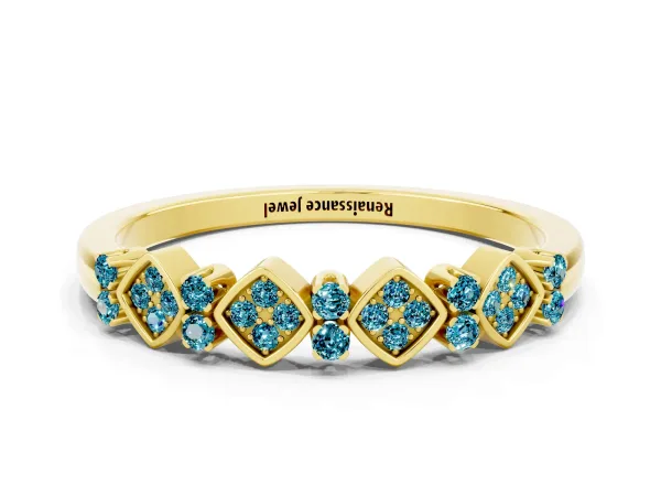 Pavé Cushion Blue Topaz Cluster Eternity Band with Prong Setting Yellow gold