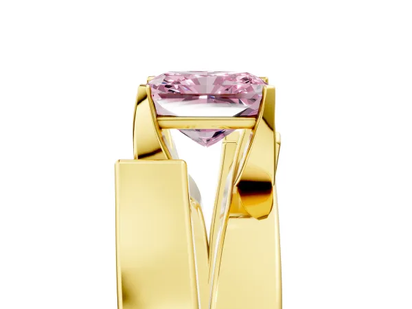 Fancy Pink Modern Tension Set Radiant Cut Diamond Solitaire Wide Band Ring Yellow gold