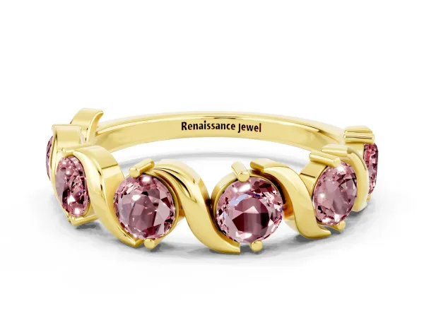 Round Morganite Half Eternity Band with Wave Prong Setting Yellow gold
