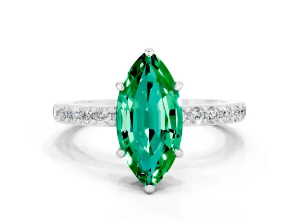 Marquise Cut Emerald Solitaire Engagement Ring with Pavé Band and Four-Prong Setting Platinum
