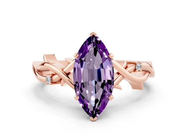 Marquise Cut Amethyst Solitaire Ring with Milgrain Pavé Band and Four-Prong Setting Rose gold