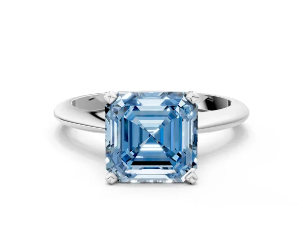 Fancy Blue Asscher Cut Diamond Solitaire Engagement Ring with Classic Band and Four-Prong Setting Silver