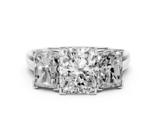Three-Stone Radiant Cut Cut Diamond Ring with Channel Set Band and Four-Prong Setting Platinum