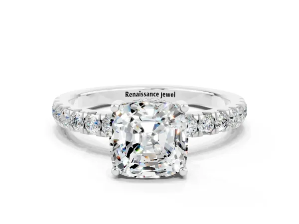 Cushion Cut Moissanite Pave Band Solitaire Ring with Round and Prong Setting Platinum