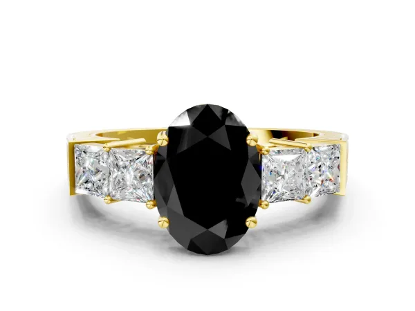 Fancy Black Oval Cut Solitaire Princess Side Stone Engraved Band Prong Setting Ring Yellow gold