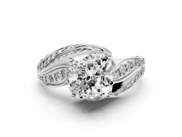 Cushion Cut Diamond Solitaire Ring with Prong Setting and Twisted Pavé Band Platinum