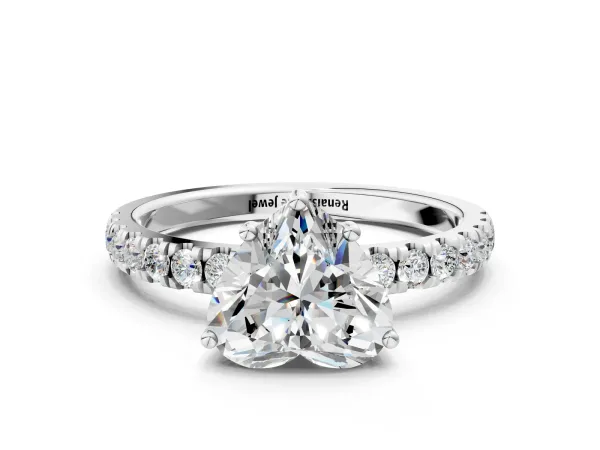 Heart Cut Diamond Pave Band Solitaire Ring with Round Moissanite and Prong Setting Platinum
