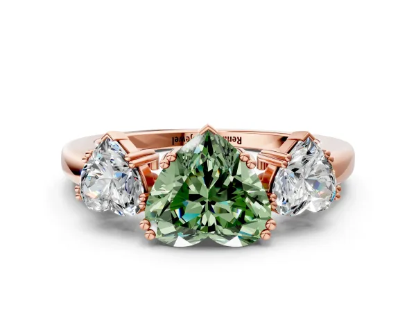 Fancy Green Three-Stone Heart Cut Cut Diamond Ring with Channel Set Band and Four-Prong Setting Rose gold