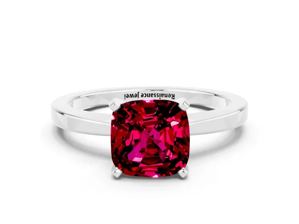 Cushion Cut Garnet Solitaire Engagement Ring with Classic Band and Four-Prong Setting Platinum