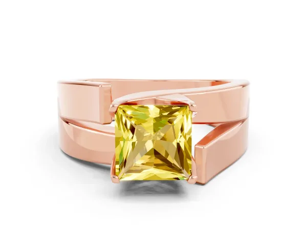 Modern Tension Set Princess Cut Yellow Sapphire Solitaire Wide Band Ring Rose gold