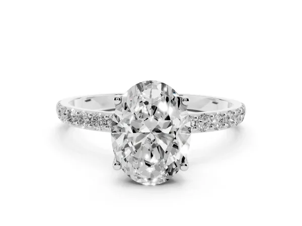 Oval Cut Diamond Solitaire Engagement Ring with Round Pavé Band and Prong Setting Platinum