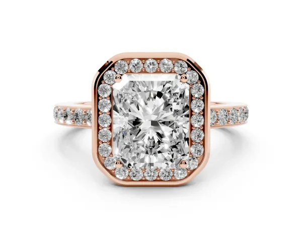 Radiant Cut Diamond Halo Ring with Bezel Frame and Pavé Band Rose gold