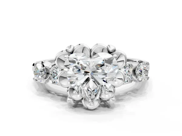 Heart Cut Cut Diamond Floral Halo Engagement Ring with Shared Prong Setting Platinum