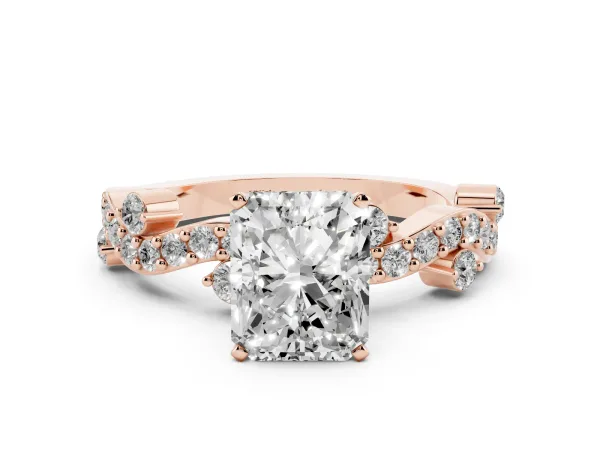 Radiant Cut Cut Solitaire Diamond Twisted Band with Pave Setting Rose gold