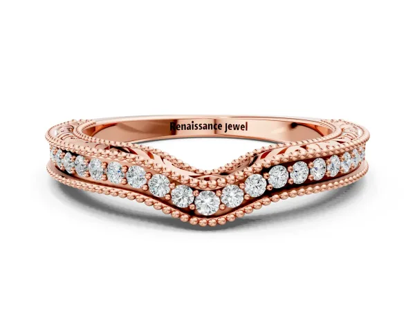 Pave Round Diamond Curved Milgrain Band Rose gold