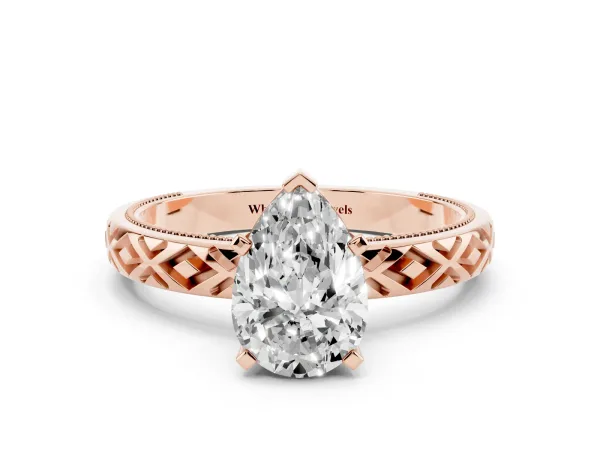 Pear Cut Solitaire Diamond Ring with Milgrain and Black Enamel X Pattern Band Rose gold