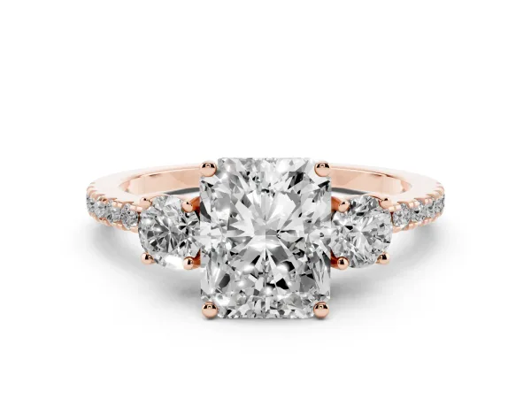 Three-Stone Radiant Cut Cut Diamond Pavé Band with Prong Setting Rose gold