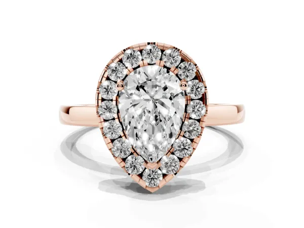 Pear Cut Halo Diamond Solitaire with Pavé Band and Four-Prong Setting Rose gold