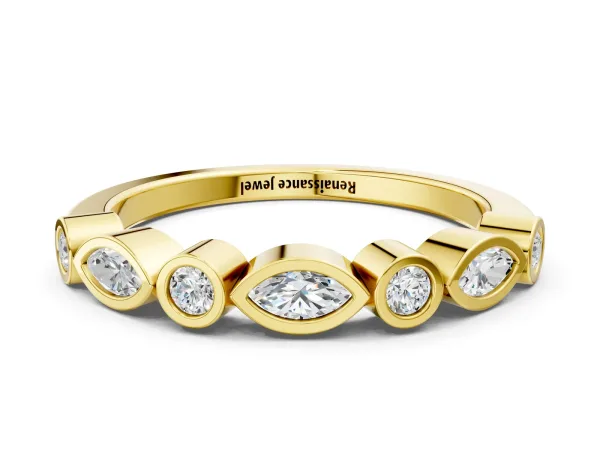 Bezel Set Marquise and Round Diamond Stackable Band Yellow gold