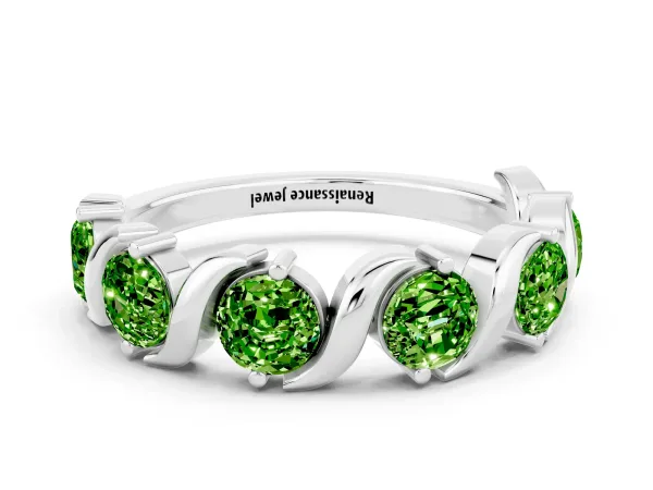 Six-Stone Round Peridot Wave Band with Shared Prong Setting Platinum