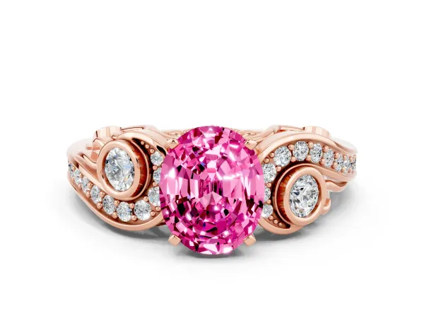 Oval Cut Pink Sapphire Solitaire Ring with Milgrain Pavé Band and Four-Prong Setting Rose gold