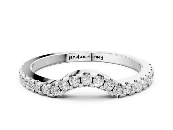 Pavé Round Diamond Curved Wedding Band with Shared Prong Setting Platinum