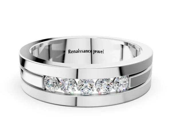 Round Diamond Five-Stone Channel Set Mens Band Silver