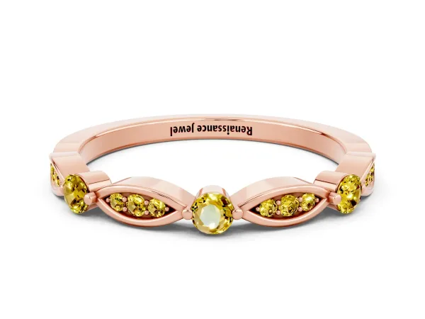 Marquise and Round Yellow Sapphire Milgrain Band with Bezel Setting Rose gold
