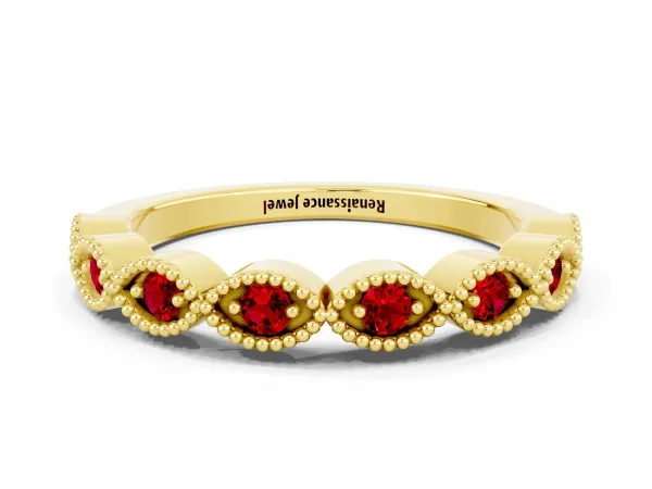 Milgrain Marquise Ruby Half Eternity Band with Bezel Setting Yellow gold