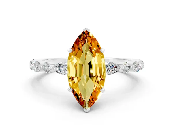 Marquise Cut Citrine Ring with Marquise and Round Side Stones and Four-Prong Setting White gold
