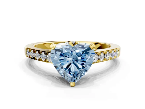 Fancy Blue Heart Cut Diamond Solitaire Ring with Crossover Gallery and Round Pavé Band Yellow gold