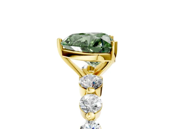 Fancy Green Heart Cut Solitaire Diamond Ring with Pave Band and Four-Prong Setting Yellow gold