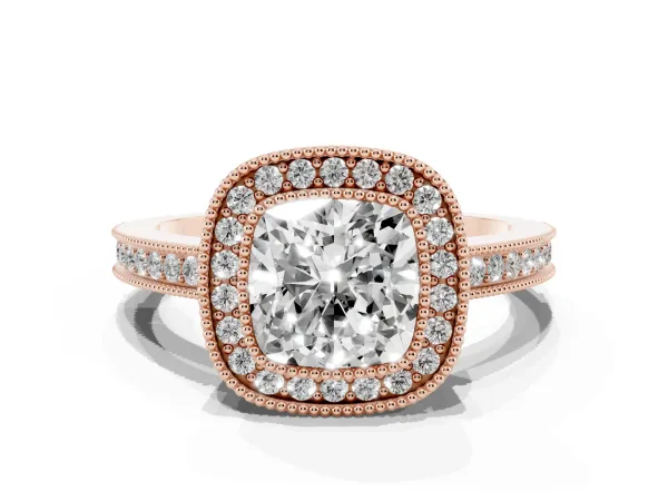 Cushion Cut Cut Halo Diamond Ring with Pavé Band and Milgrain Prong Setting Rose gold