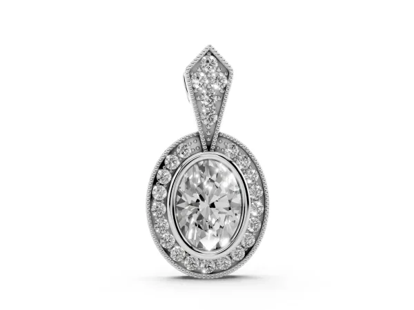 Oval Halo Pavé Diamond Pendant Silver