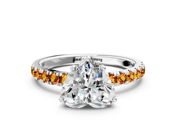 Heart Cut Diamond Pave Band Solitaire Ring with Round Citrine and Prong Setting Platinum