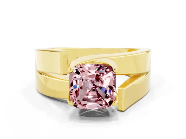 Modern Tension Set Cushion Cut Morganite Solitaire Wide Band Ring Yellow gold