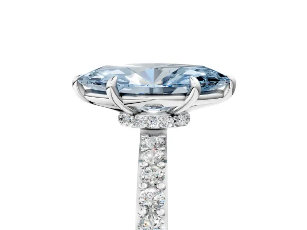 Fancy Blue Marquise Cut Diamond Solitaire Engagement Ring with Pavé Band and Four-Prong Setting Silver