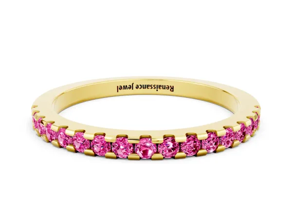 Round Pink Sapphire Pavé Set Eternity Band with Micro Prong Setting Yellow gold