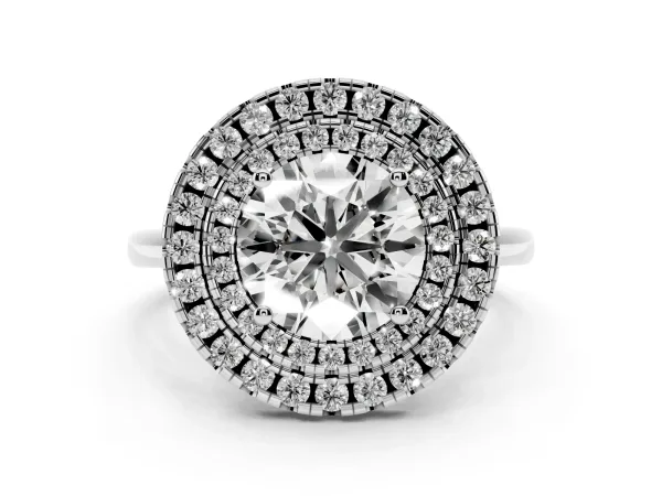 Double Halo Round Cut Diamond Solitaire with Pavé Band and Four-Prong Setting White gold