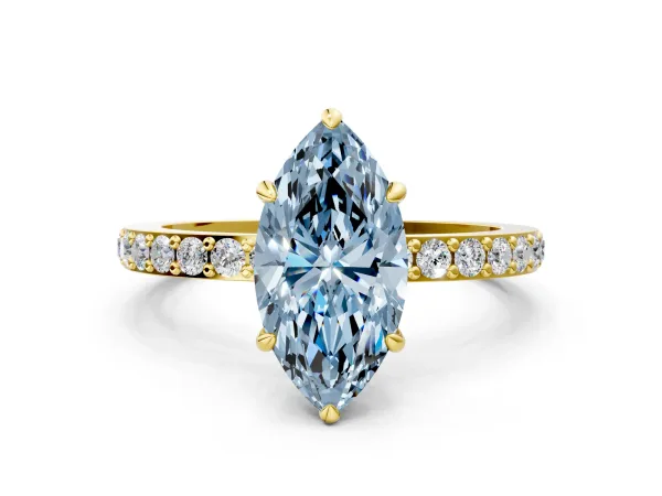 Fancy Blue Marquise Cut Diamond Solitaire Engagement Ring with Pavé Band and Four-Prong Setting Yellow gold