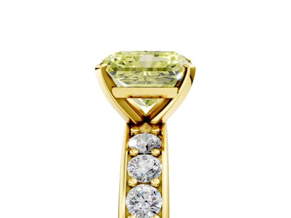 Fancy Yellow Radiant Cut Diamond Engagement Ring with Channel Set Round Band and Prong Setting Yellow gold