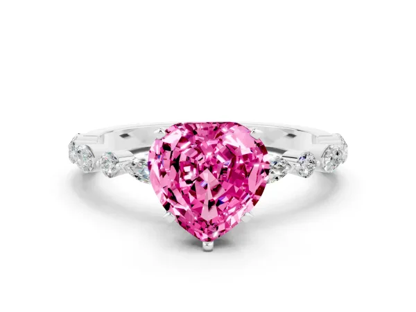 Heart Cut Pink Sapphire Ring with Marquise and Round Side Stones and Four-Prong Setting Platinum
