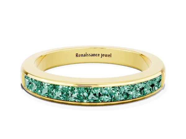 Channel Set Princess Cut Green Sapphire Eternity Band Yellow gold