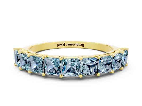 Princess Cut Aquamarine Channel-Set Eternity Band with Prong Setting Yellow gold