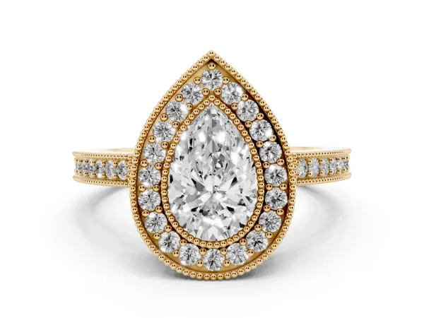 Pear Cut-Cut Halo Diamond Ring with Pavé Band and Milgrain Prong Setting Yellow gold